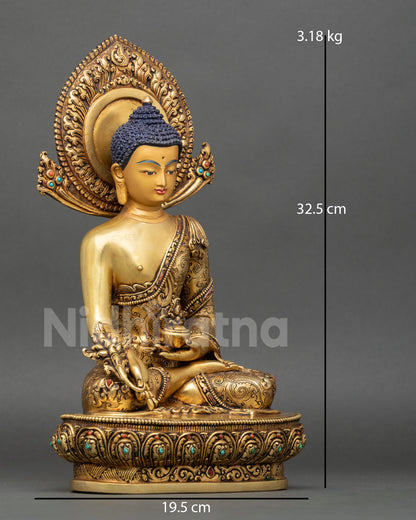 right side view of bhaisajyaguru statue handcrafted copper buddhist artwork