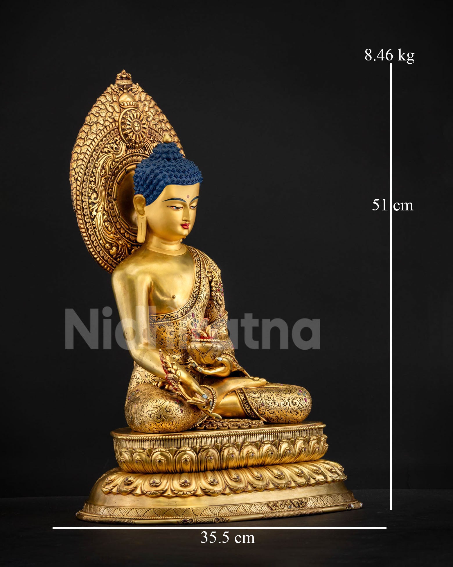 Right side view of Bhaisajyaguru statue seated on double-lotus pedestal with herbal bowl and myrobalan plant