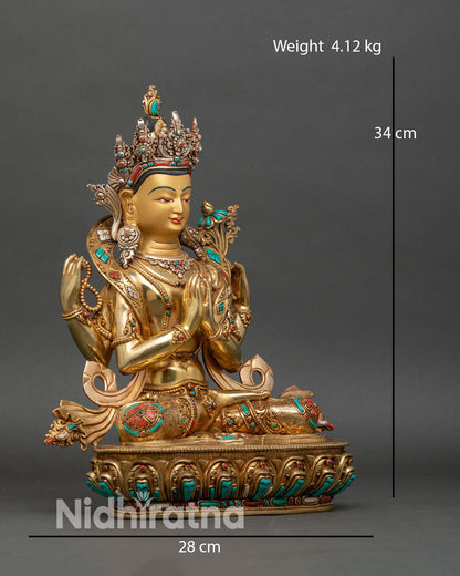 Right side view of Chenrezig Sculpture, copper and gold with lotus flower seat