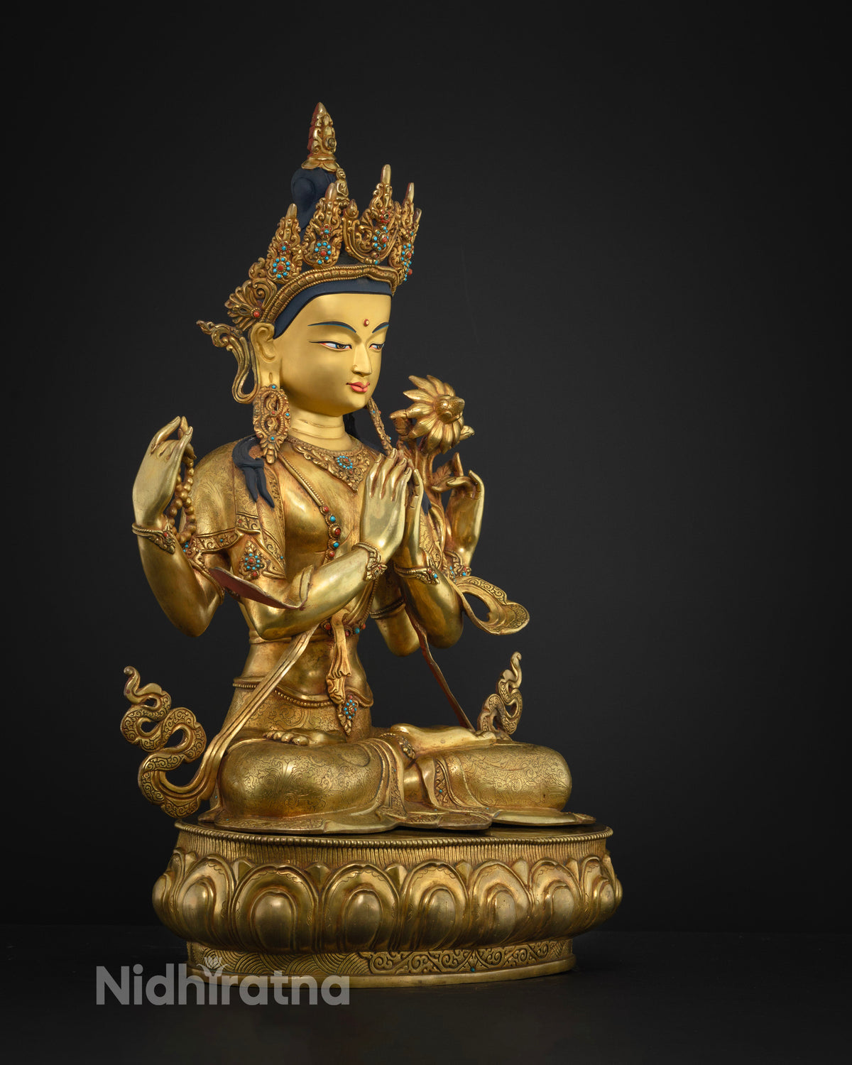 Right side view of Chenrezig statue, gold-gilded copper, Kathmandu craft