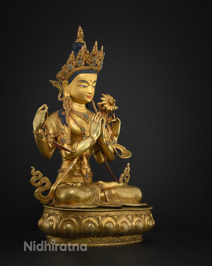 Right side view of Chenrezig statue, gold-gilded copper, Kathmandu craft