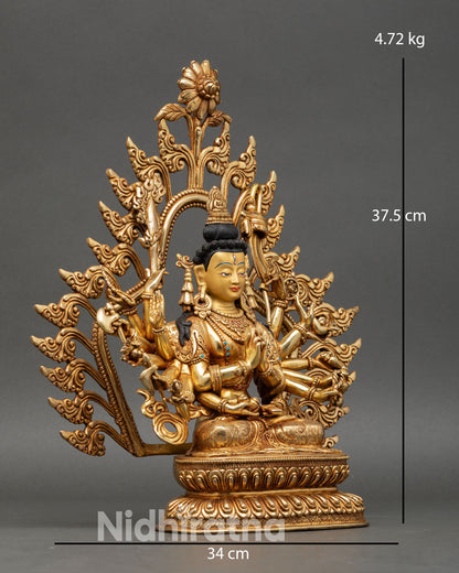 Right side view of Chundi Devi statue eighteen arms sacred ritual objects lotus throne