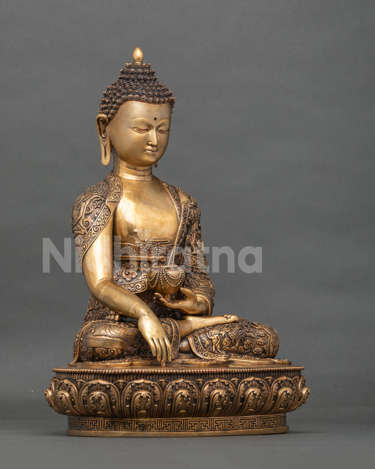 Right Side View of Copper Shakyamuni Buddha Statue in Bhumisparsha Mudra on Lotus Seat