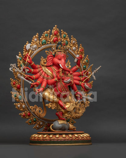 Right Side View of Dancing Ganapati Sculpture on Lotus Base