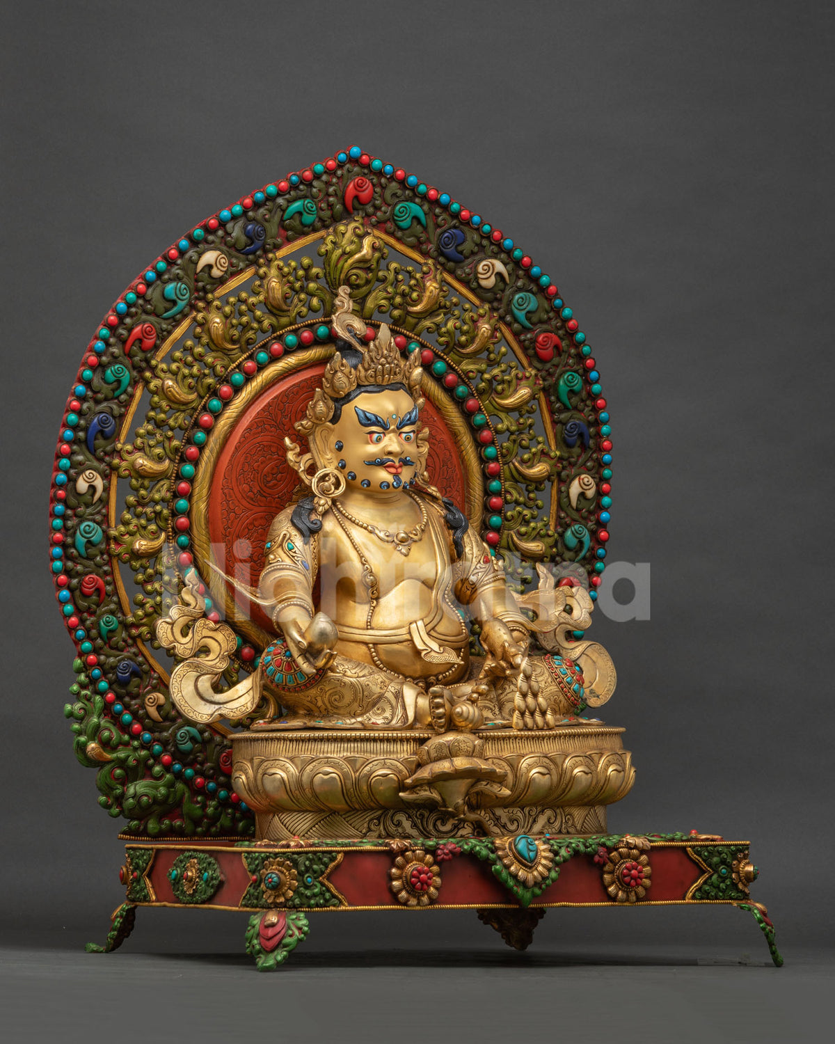 Right side view of Dzambhala throne statue, gold gilded copper Buddhist deity