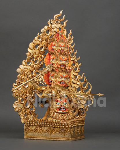 Right Side View of Ekajati Rahula and Dorje Legpa Statue Set in Gold Fire Gilded Copper