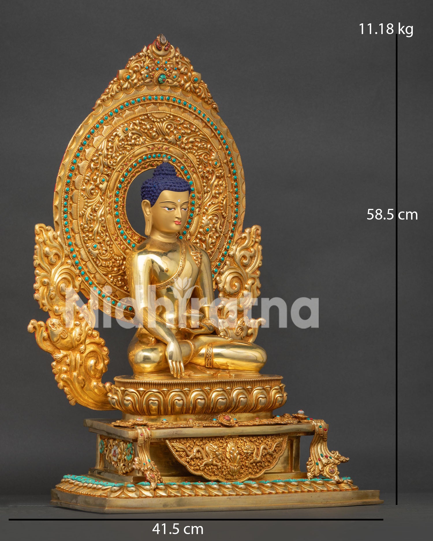 Right side view of enthroned Shakyamuni Buddha, fire-gilded copper, ornate backrest halo, Nepal crafted