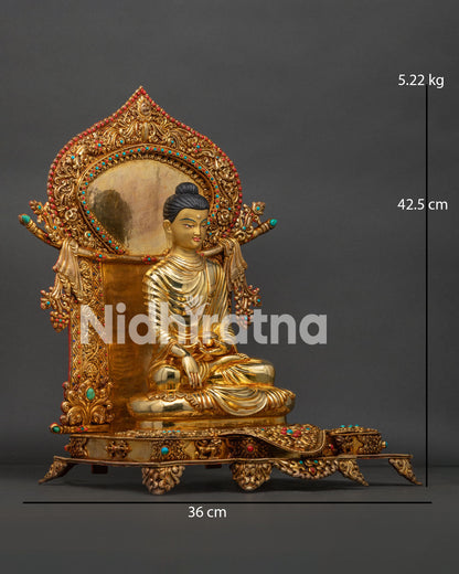 Right Side View of Enthroned Shakyamuni Buddha Statue with Ornate Jeweled Throne