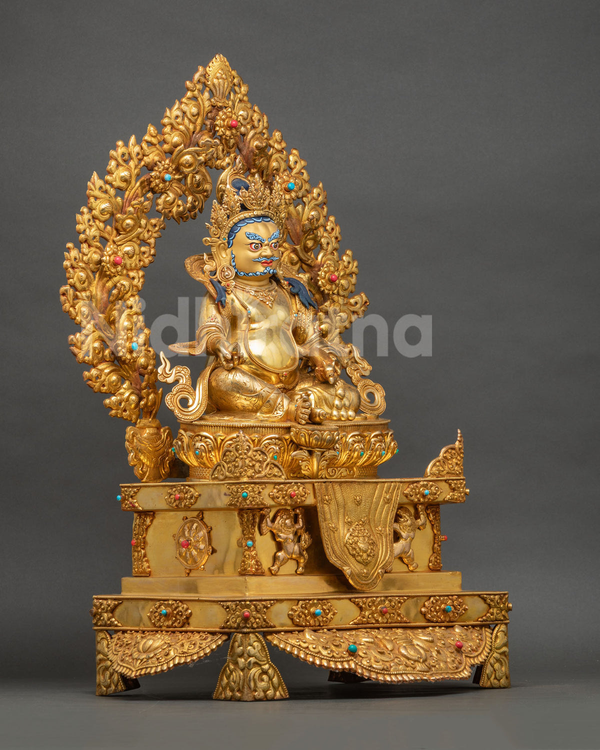 Right side view of enthroned Yellow Dzambhala statue, 24K gold fire-gilded copper figurine from Nepal