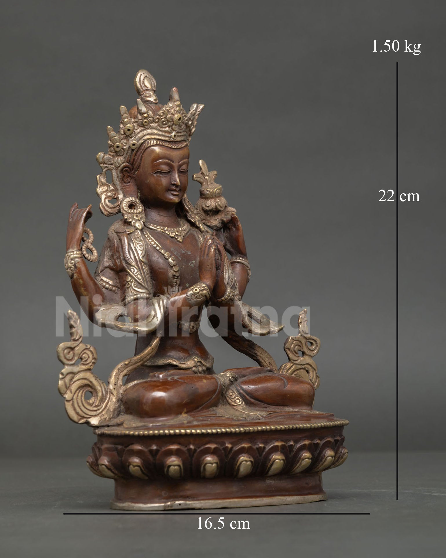right side view of four armed chenrezig statue, avalokiteshvara buddhist sculpture