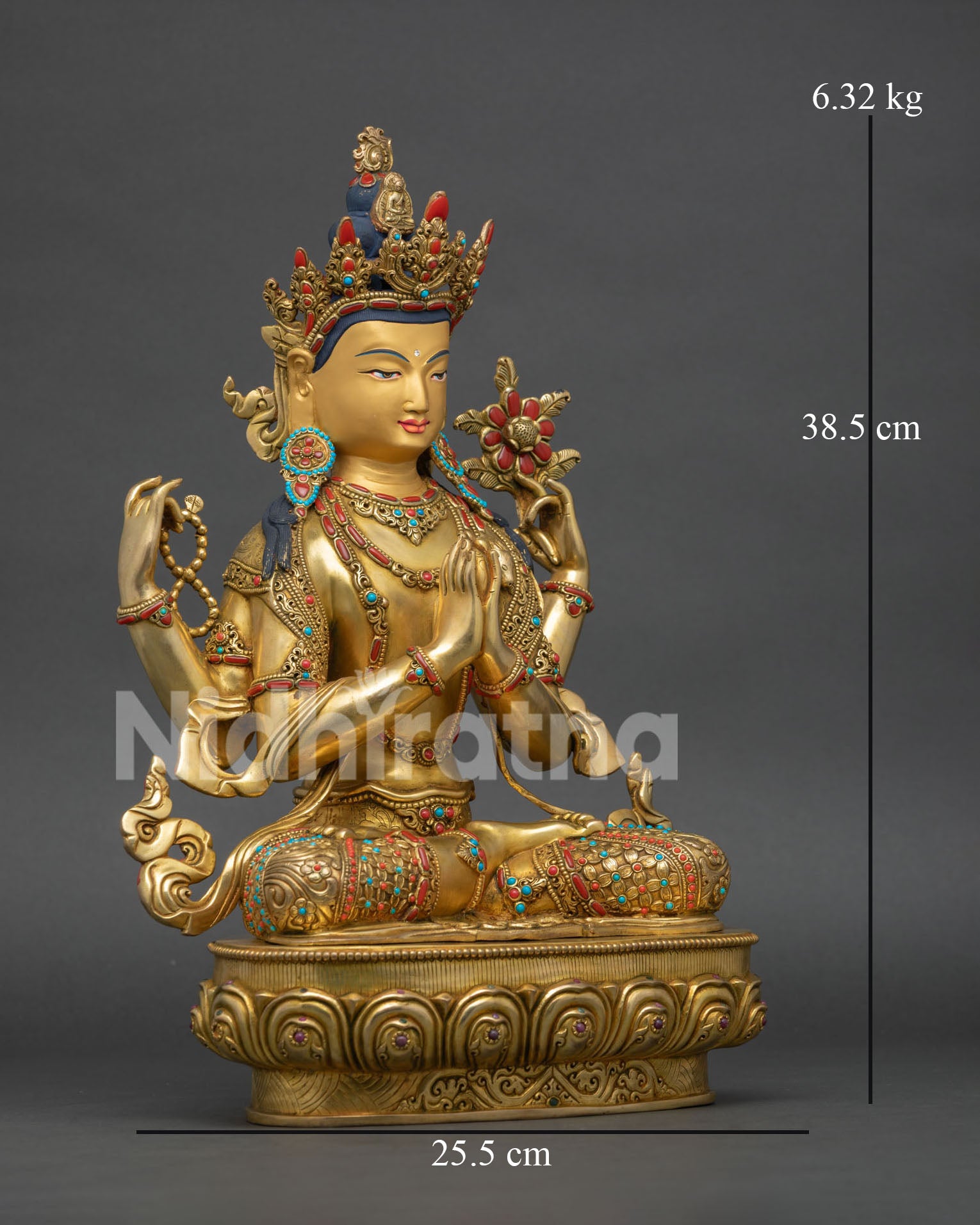 Right side view of four armed Chenrezig statue, handcrafted Nepalese Buddhist sculpture with lotus throne