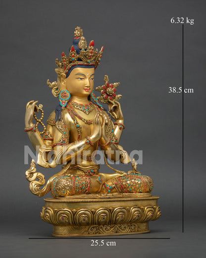 Right side view of four armed Chenrezig statue, handcrafted Nepalese Buddhist sculpture with lotus throne