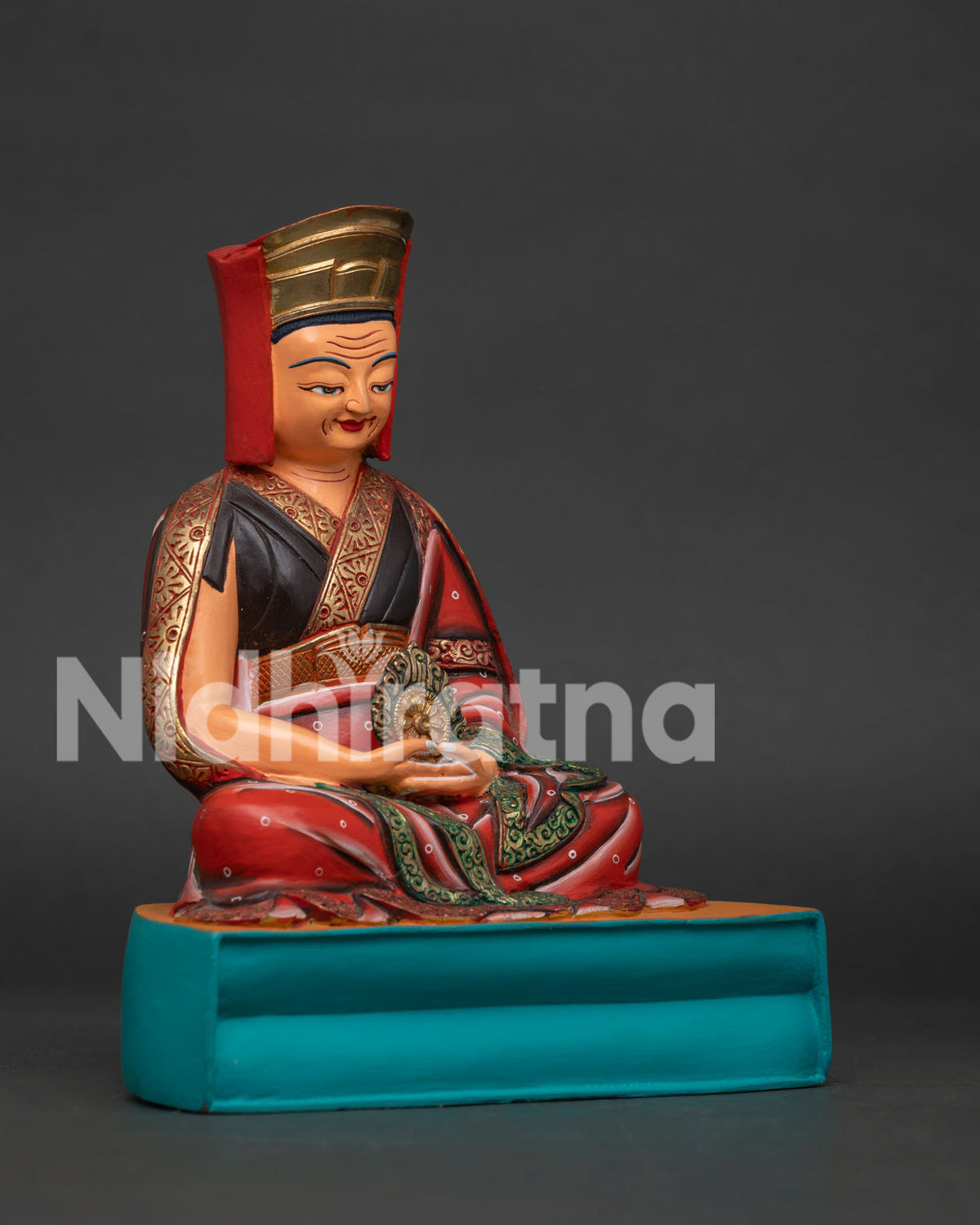 Right side view of Gampopa statue, handcrafted copper Kagyu lineage master from Nepal