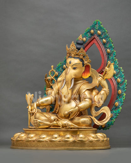 Right side view of Ganesh sculpture with Mushika, rosary and axe, handcrafted copper art from Nepal