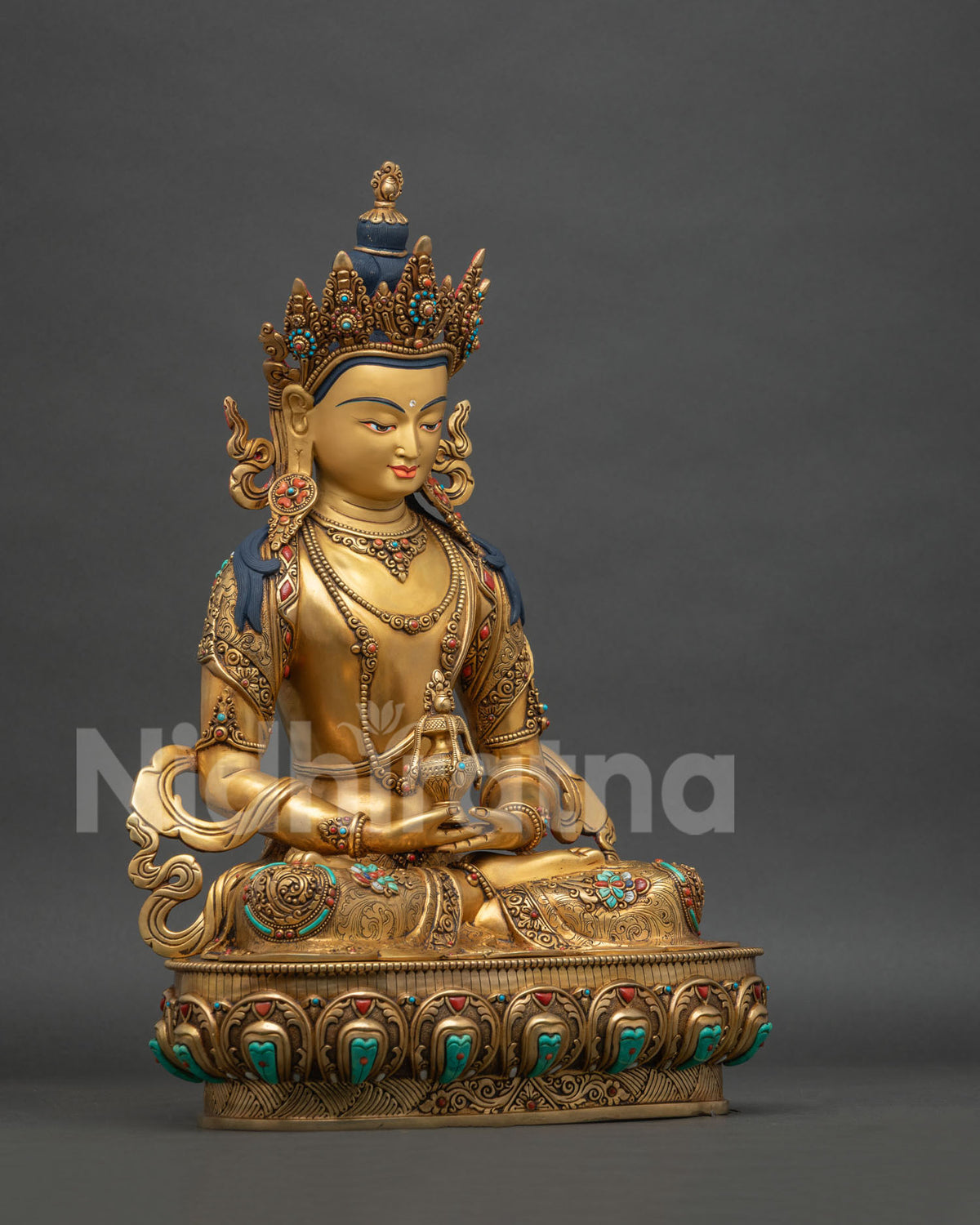 right side view of gold gilded amitayus statue handmade buddha nepal