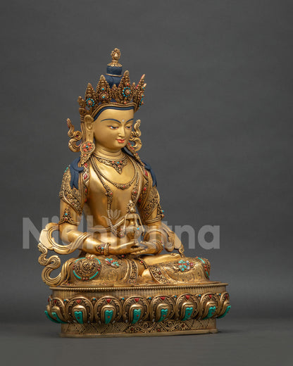 right side view of gold gilded amitayus statue handmade buddha nepal