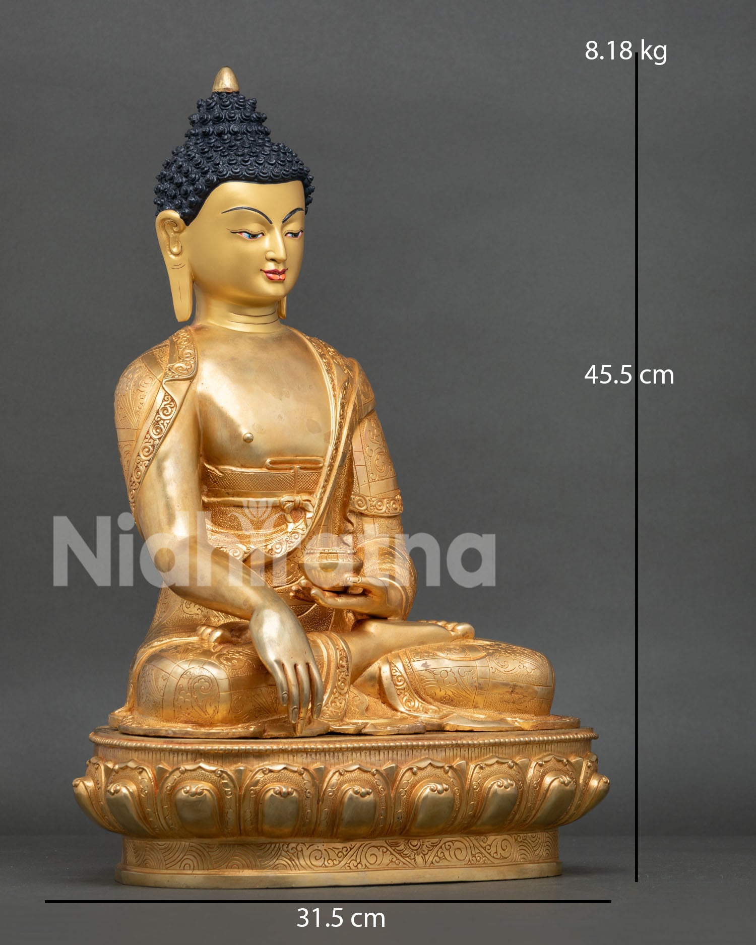 right side view of gold gilded shakyamuni buddha statue from nepal