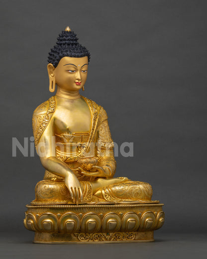 Right side view of gold gilded Shakyamuni Buddha statue Thailand on lotus throne