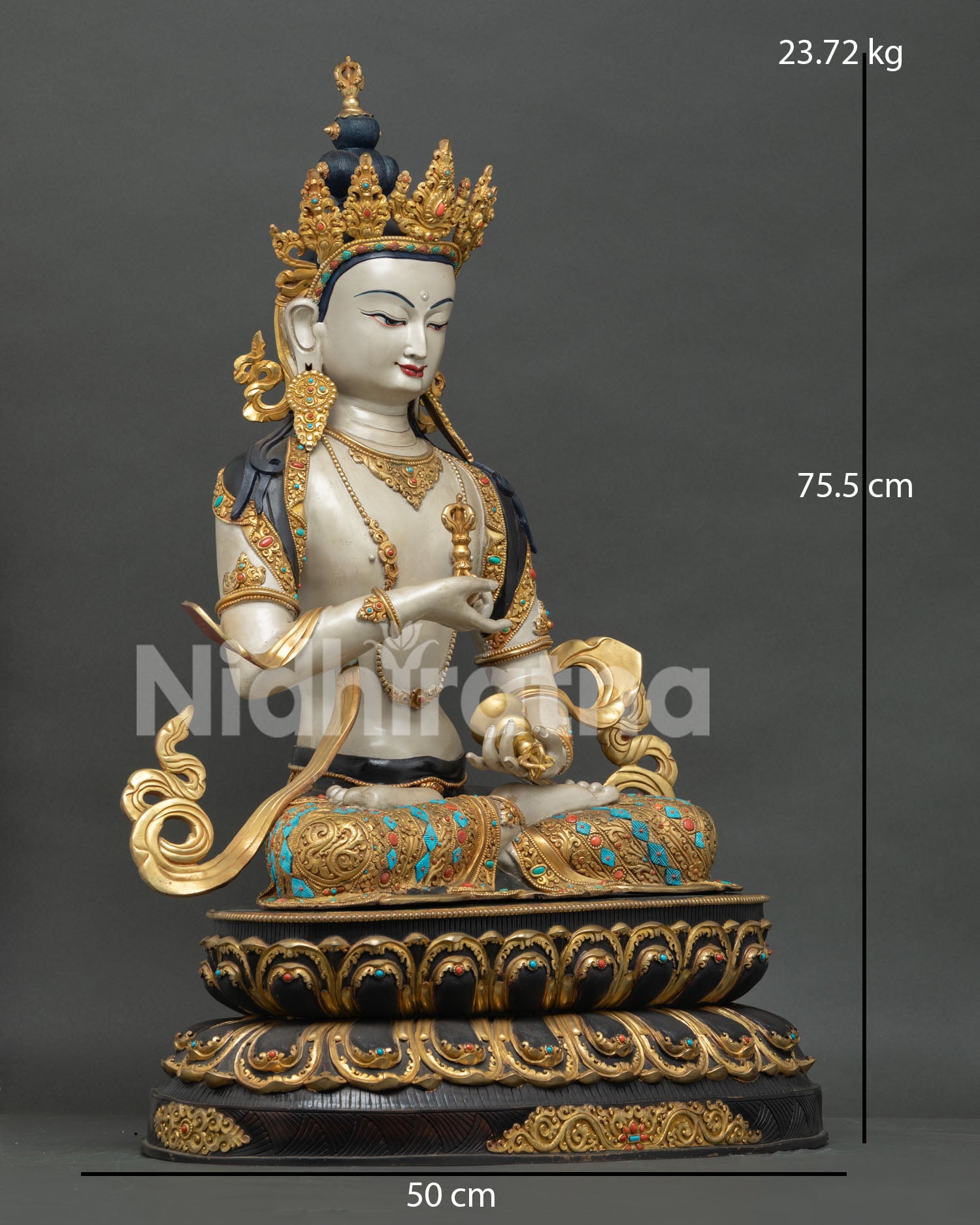 Right side view of grand Vajrasattva copper statue, 24K gold gilded double lotus throne, turquoise coral embellishments