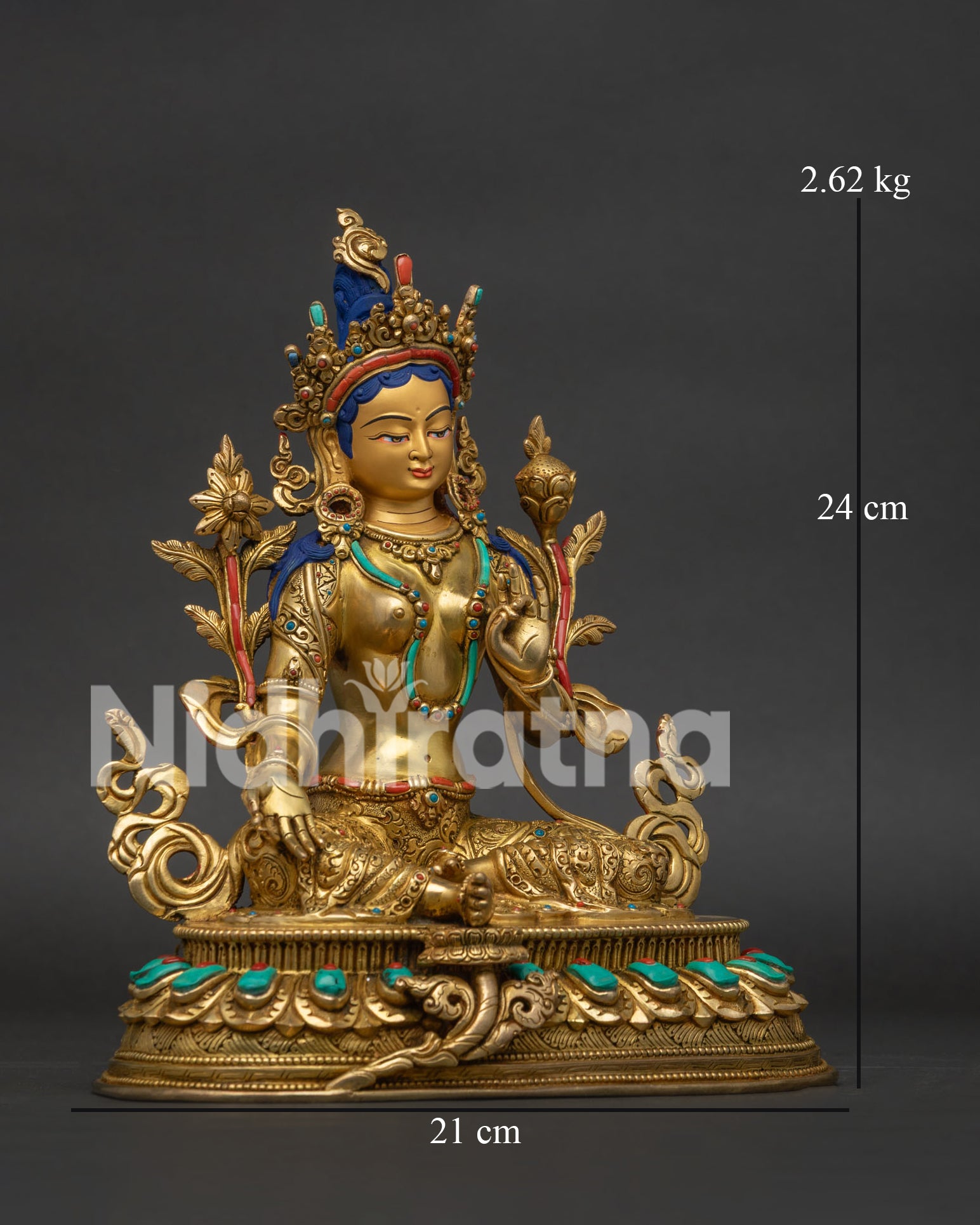 Right Side View of Green Tara Copper Statue Showcasing Sacred Buddhist Iconography and Detailed Carving