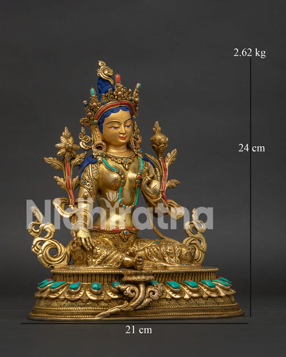 Right Side View of Green Tara Copper Statue Showcasing Sacred Buddhist Iconography and Detailed Carving