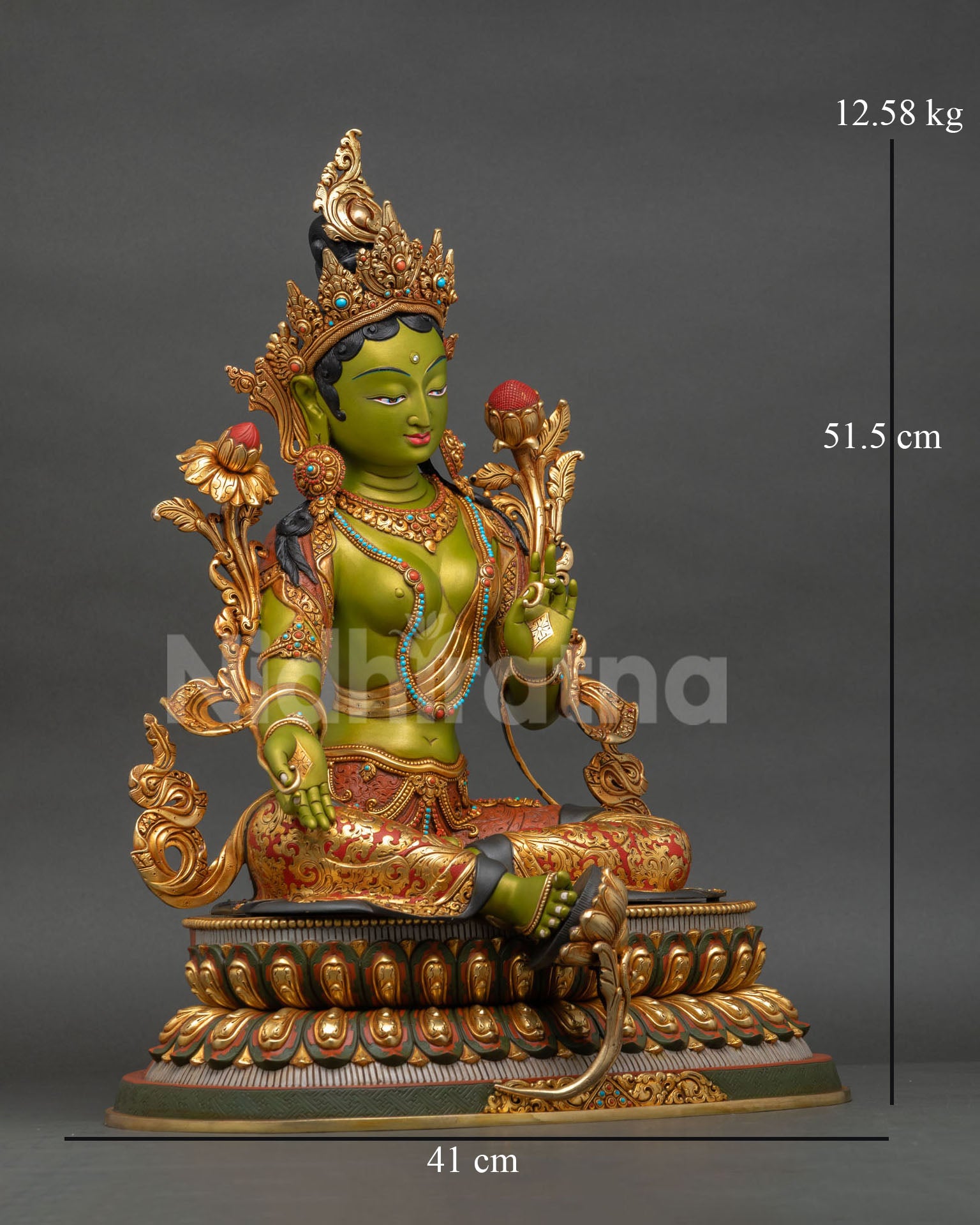 Right side view of Green Tara copper statue with gold gilded finish, lotus pedestal, and repoussé garment