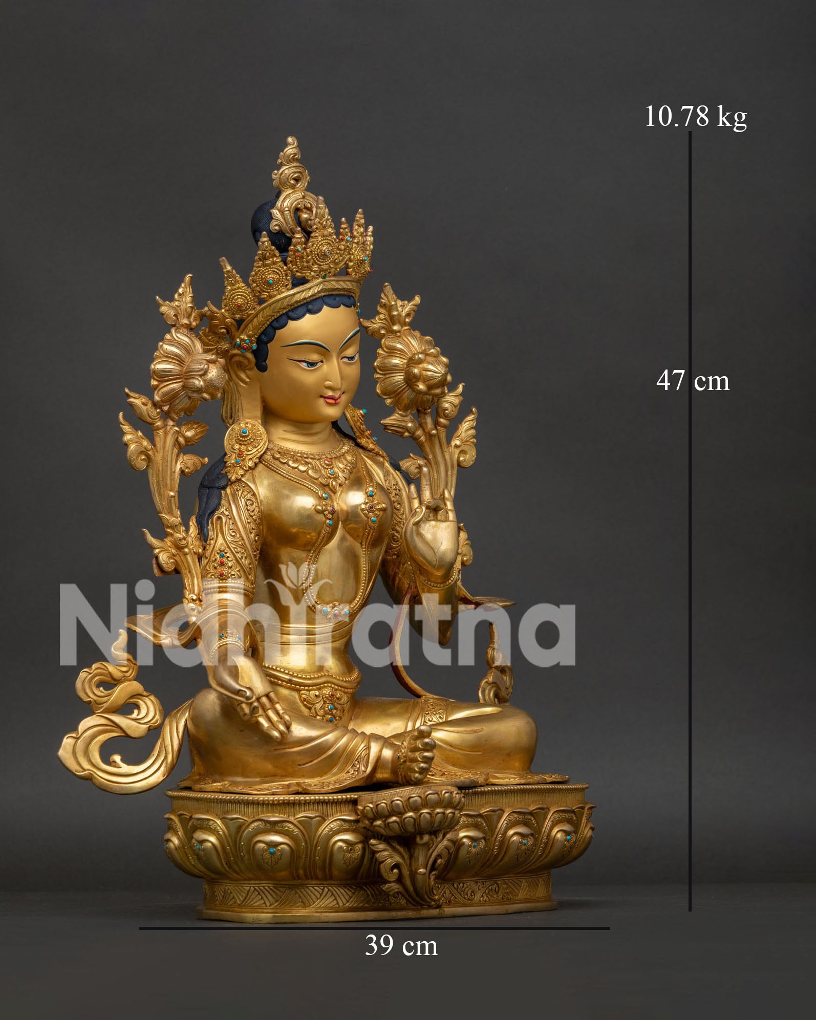 Right side view of Green Tara gold-gilded copper statue in royal ease posture