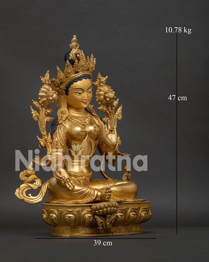 Right side view of Green Tara gold-gilded copper statue in royal ease posture