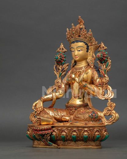 Right side view of Green Tara sculpture, showing detailed copper craftsmanship, gold gilded finish, and sacred Nepalese Newari artisan artwork 