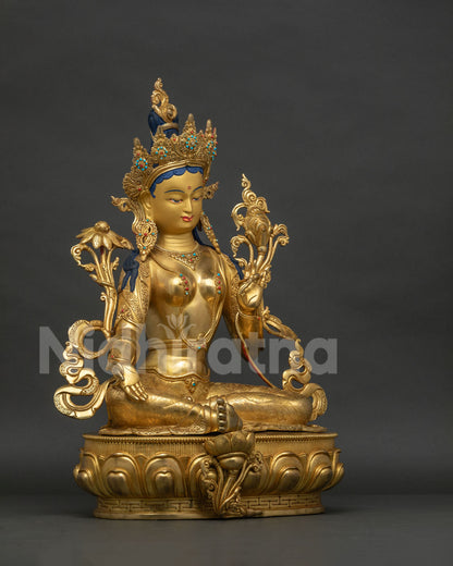 Right side view of Green Tara Statue, 24K gold fire-gilded copper sculpture from Nepal