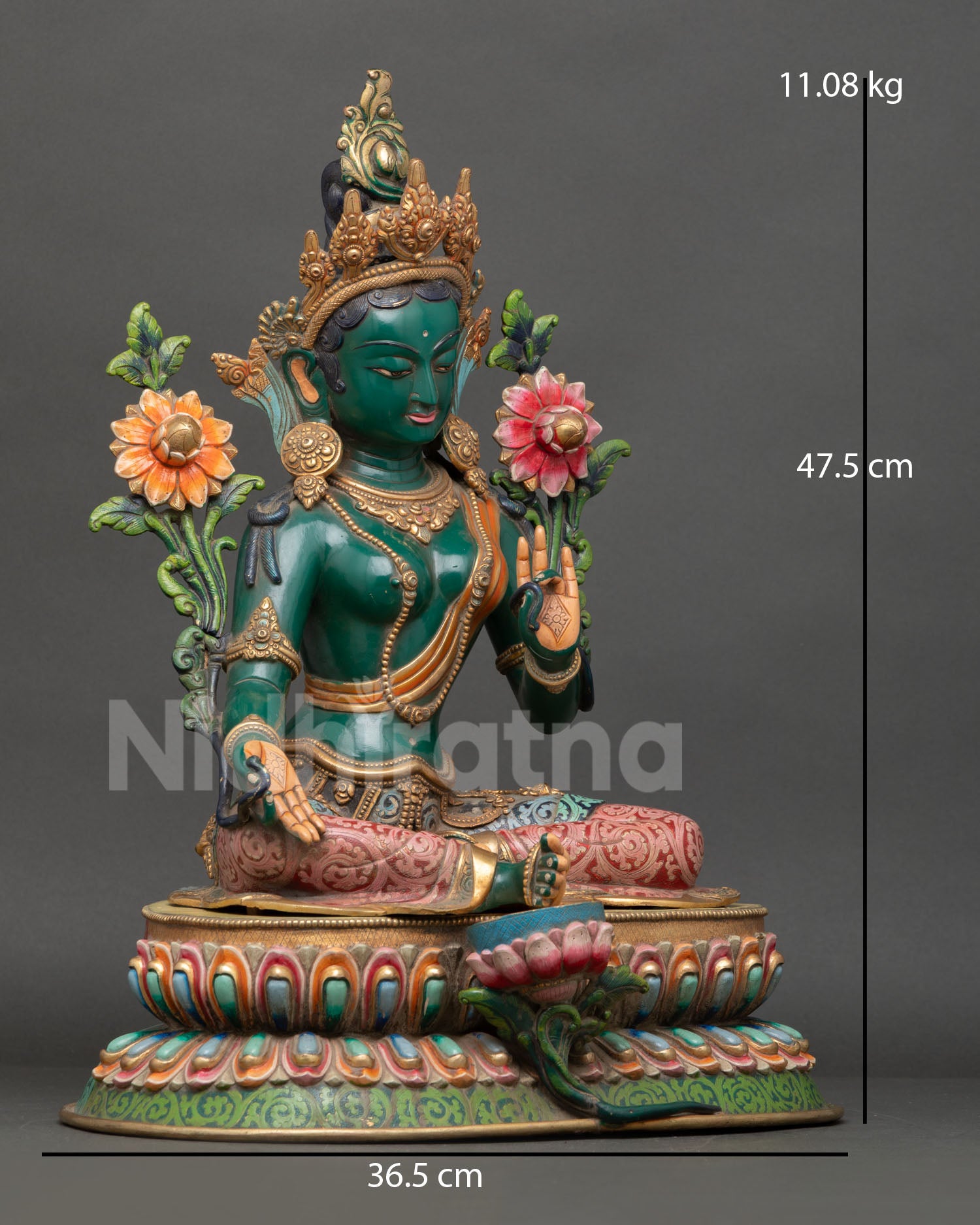 Right side view of Green Tara statue copper sculpture with royal ornaments and lotus base