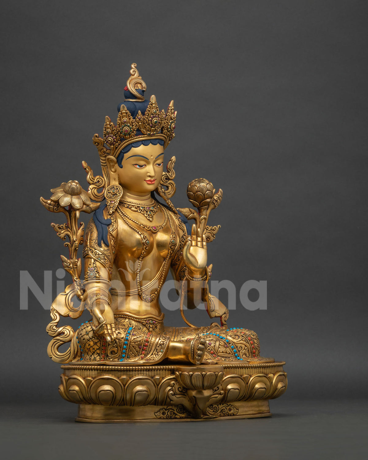 Right side view of Green Tara statue, gold-gilded copper Buddhist sculpture