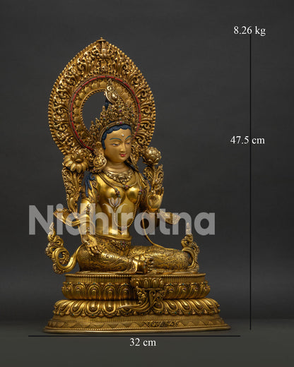 Right side view of Green Tara Statue handcrafted copper Buddhist artwork from Nepal