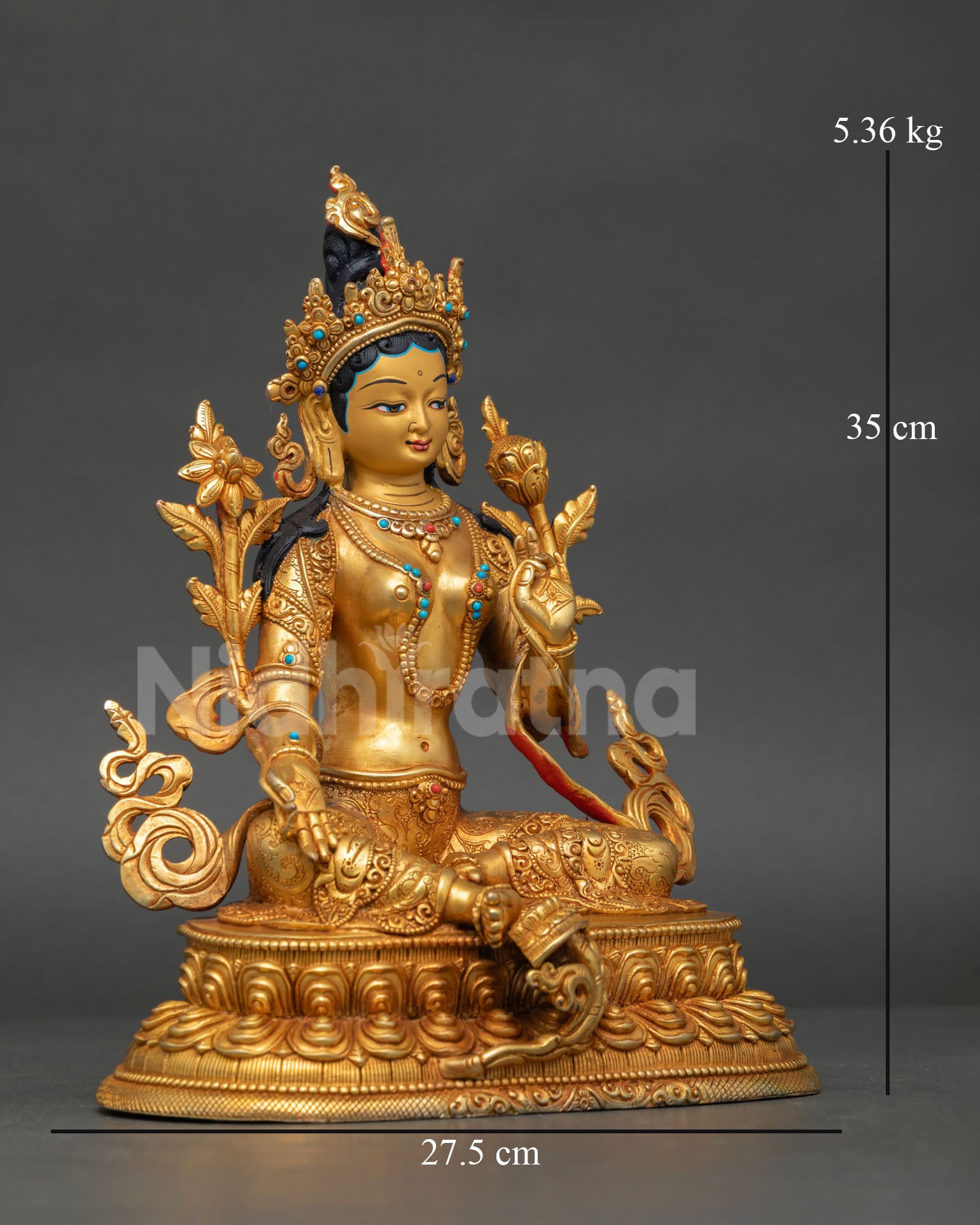 Right-side view of Green Tara statue handcrafted from copper with traditional fire gilding