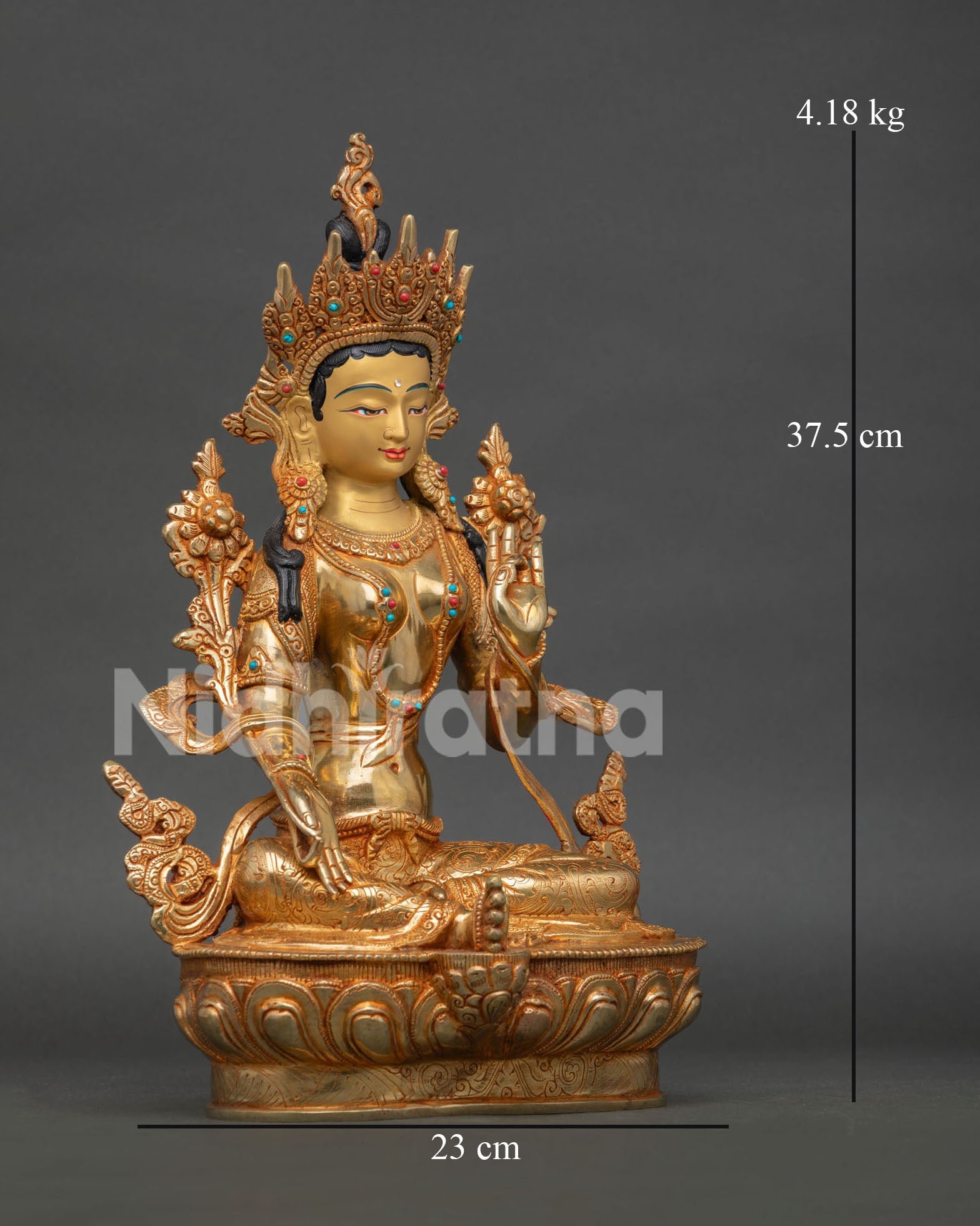 Right side view of Green Tara Statue handcrafted in Nepal
