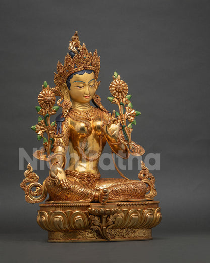 Right side view of Green Tara statue, handcrafted Nepali Buddhist art