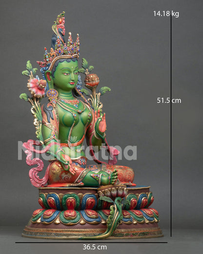 Right Side View of Green Tara Statue on Lotus Throne Handcrafted in Nepal