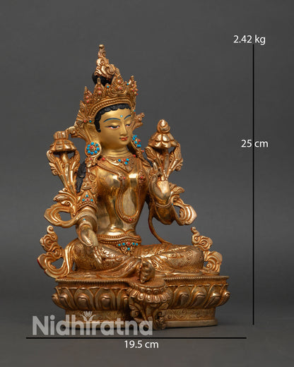 Right side view of Green Tara statue royal ease posture hand painted gold