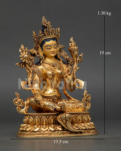right side view of green tara statue seated on double lotus throne, handcrafted copper buddhist art nepal