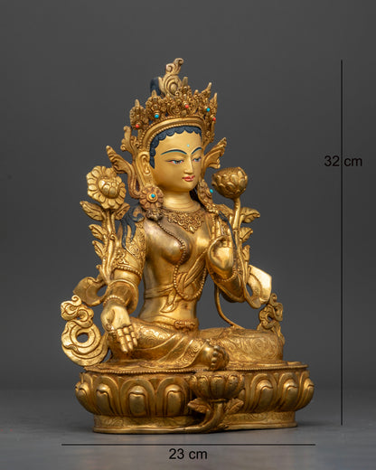 Right side view of Green Tara Statue showing copper carving and lotus posture details