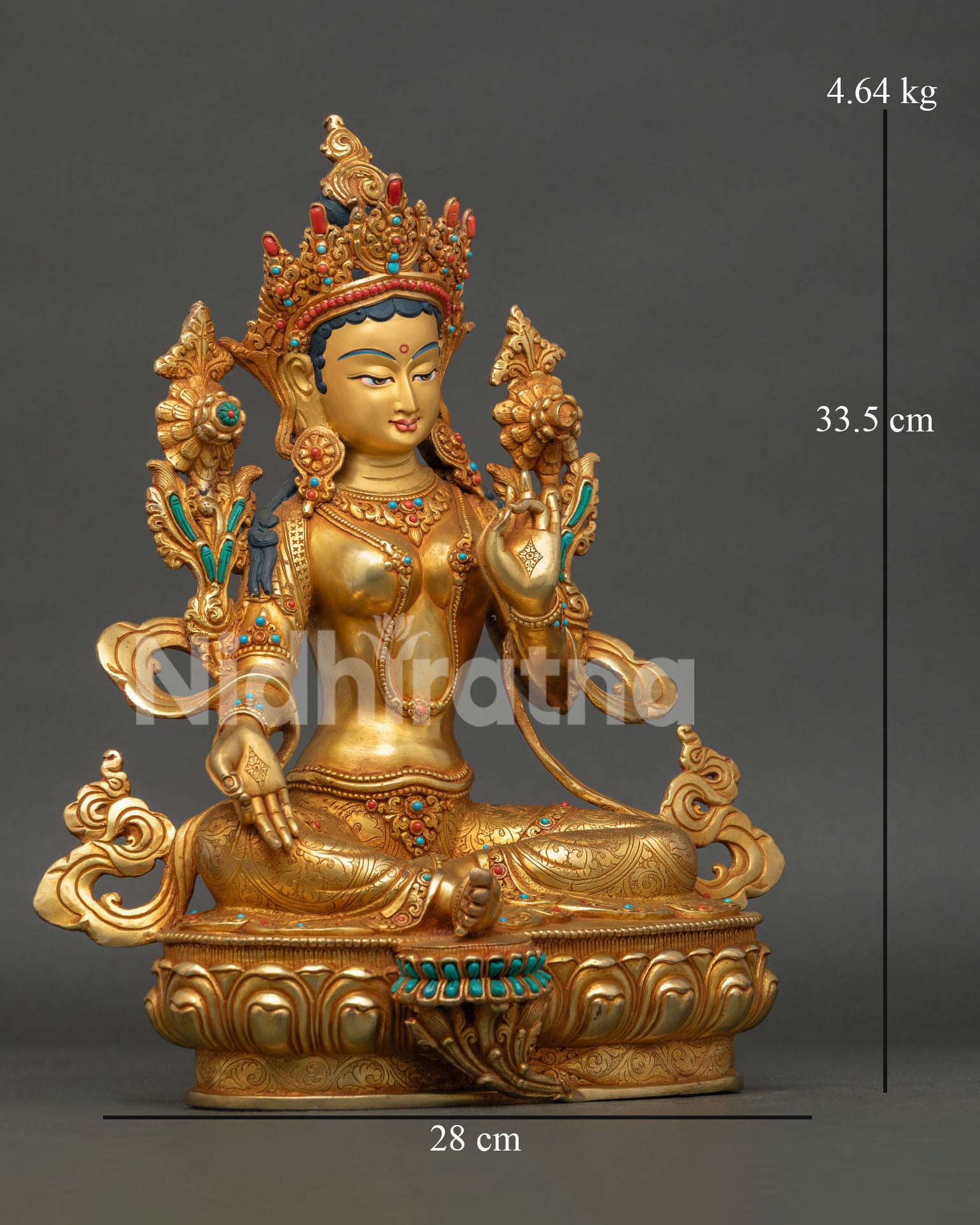 Right side view of Green Tara statue showing traditional Nepalese Buddhist craftsmanshipp