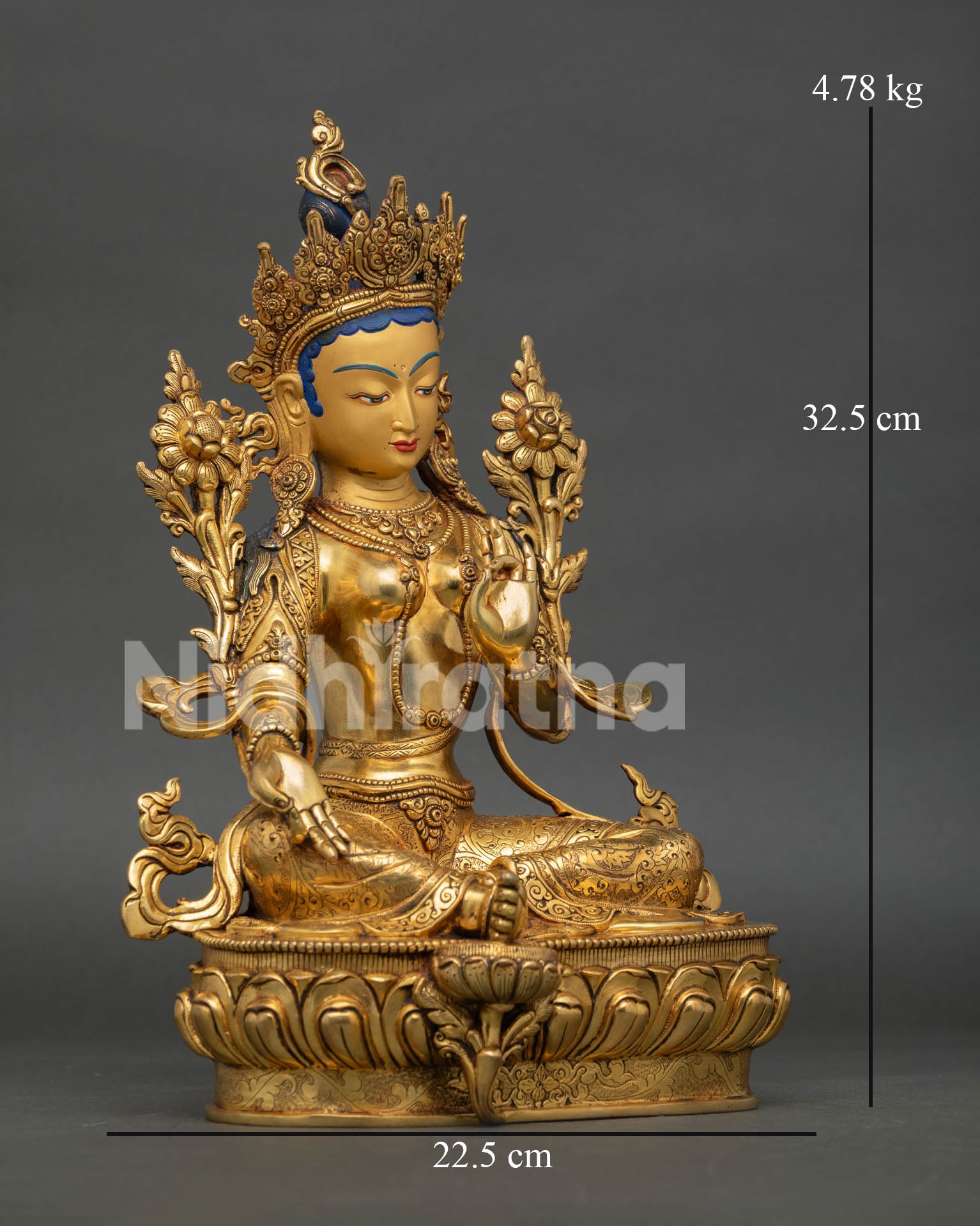 right side view of green tara statue with copper body and fire gold gilding