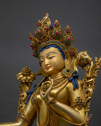 Right Side View of Green Tara Statue with Utpala Lotus and Gold Fire Gilded Copper Finish