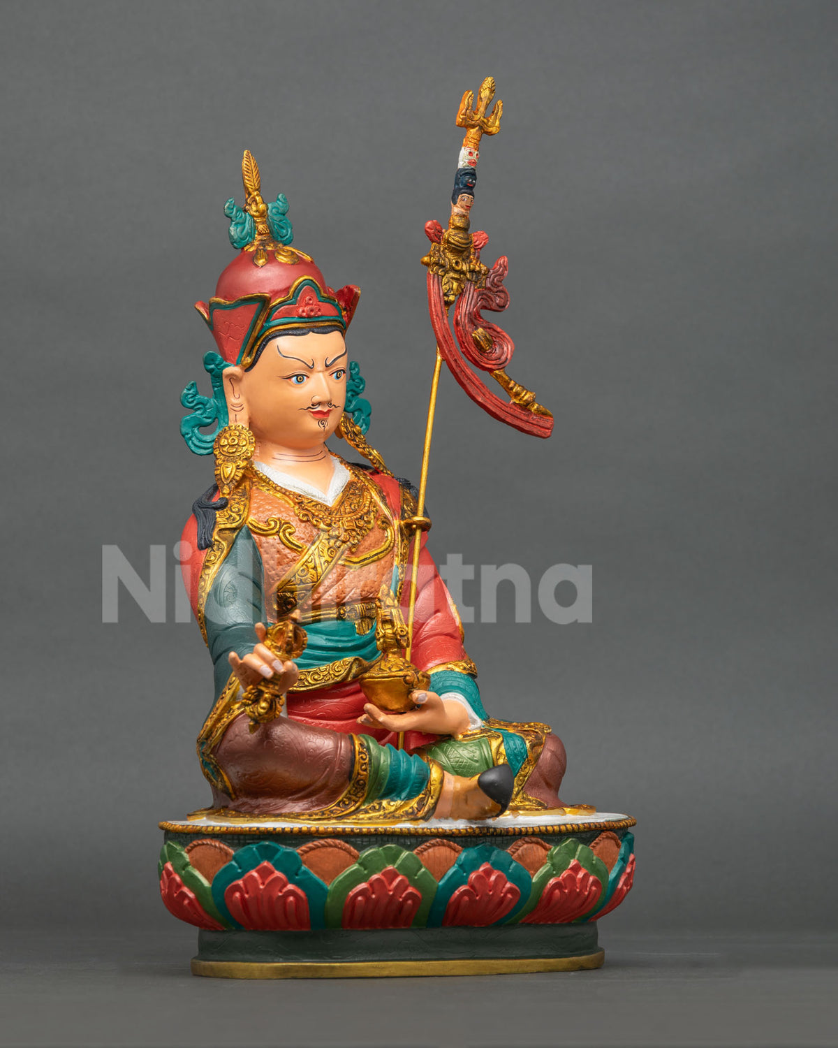 Right side view of Guru Rinpoche statue, copper Padmasambhava on lotus seat with gold gilding