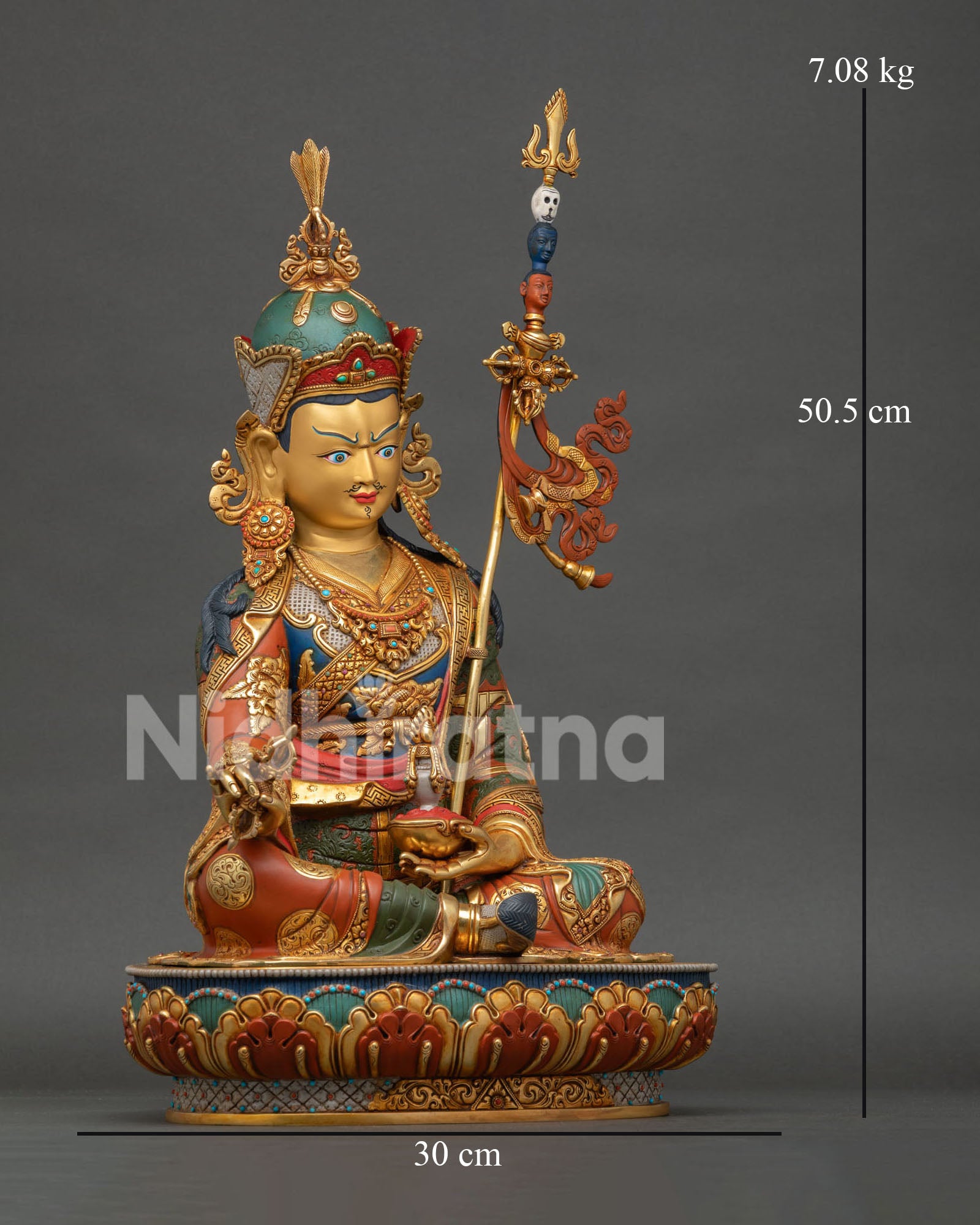 Right side view of Guru Rinpoche Statue displaying khatvanga staff and gold gilded details