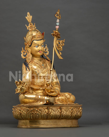 Right Side View of Guru Rinpoche Statue Holding Vajra, Symbol of Indestructible Wisdom