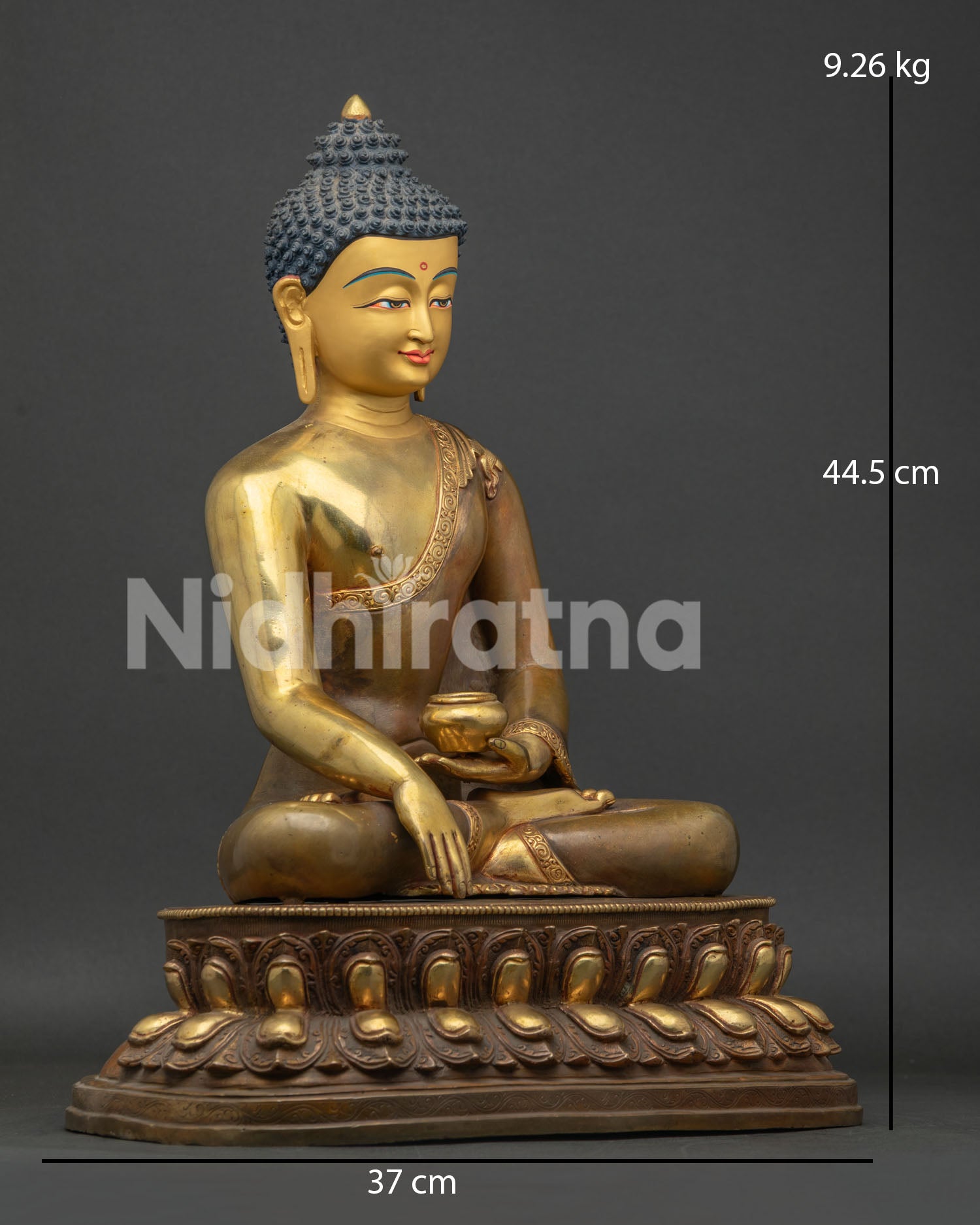Right side view of hand-cast copper Shakyamuni Buddha sculpture