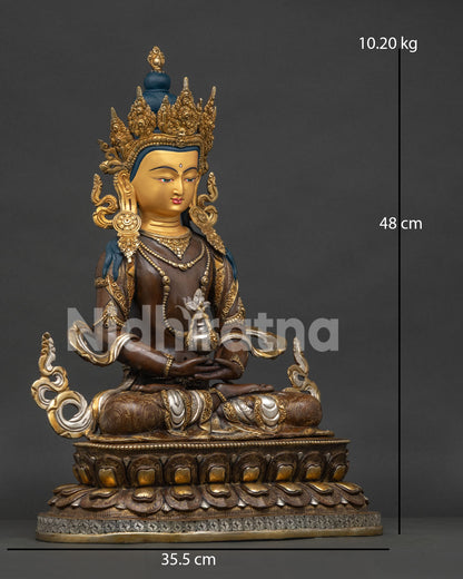 right side view of handcrafted amitayus statue in oxidized copper from nepal