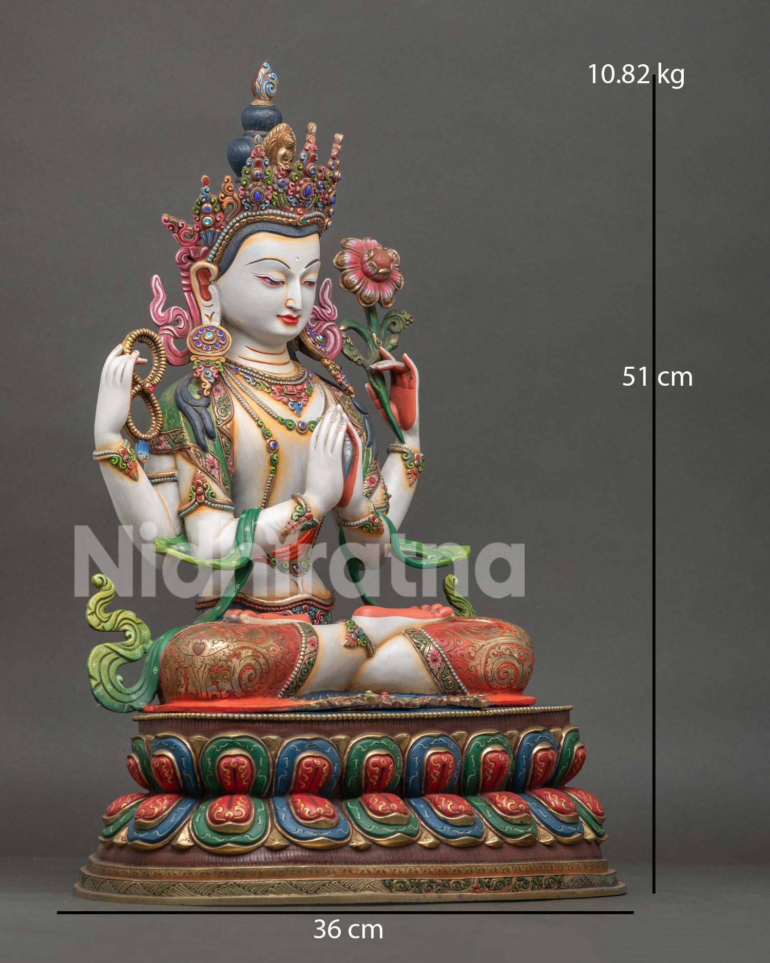 Right side view of handcrafted Chenrezig Statue with acrylic colors from Nepal