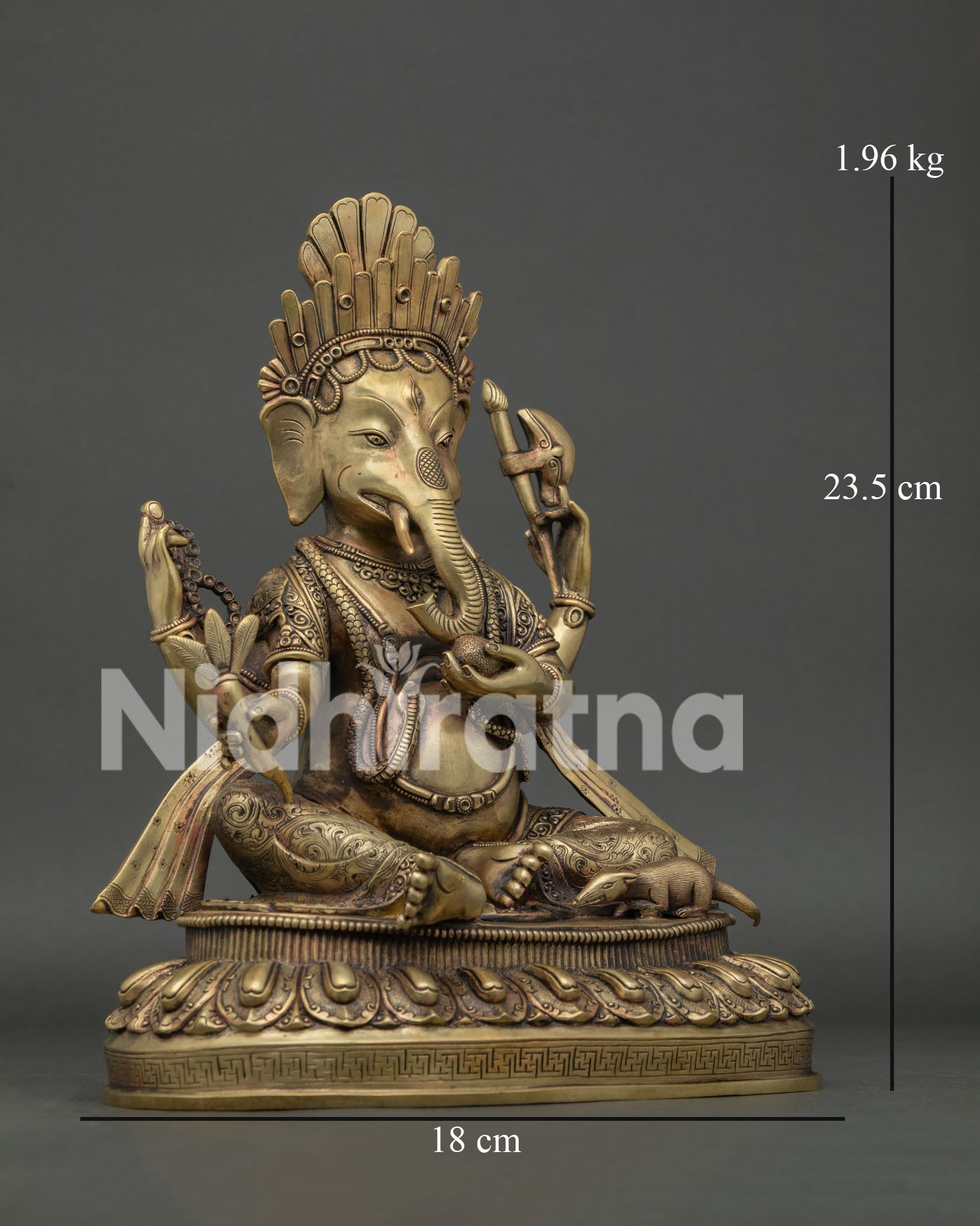 Right side view of handcrafted copper Ganesh statue with four sacred arms